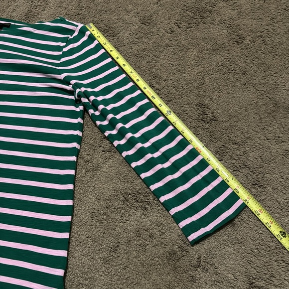 J Crew Crew Neck Shirt-3/4 Sleeve-Sz M-Cotton-Pink/Green Striped-Notched sides - Picture 11 of 13